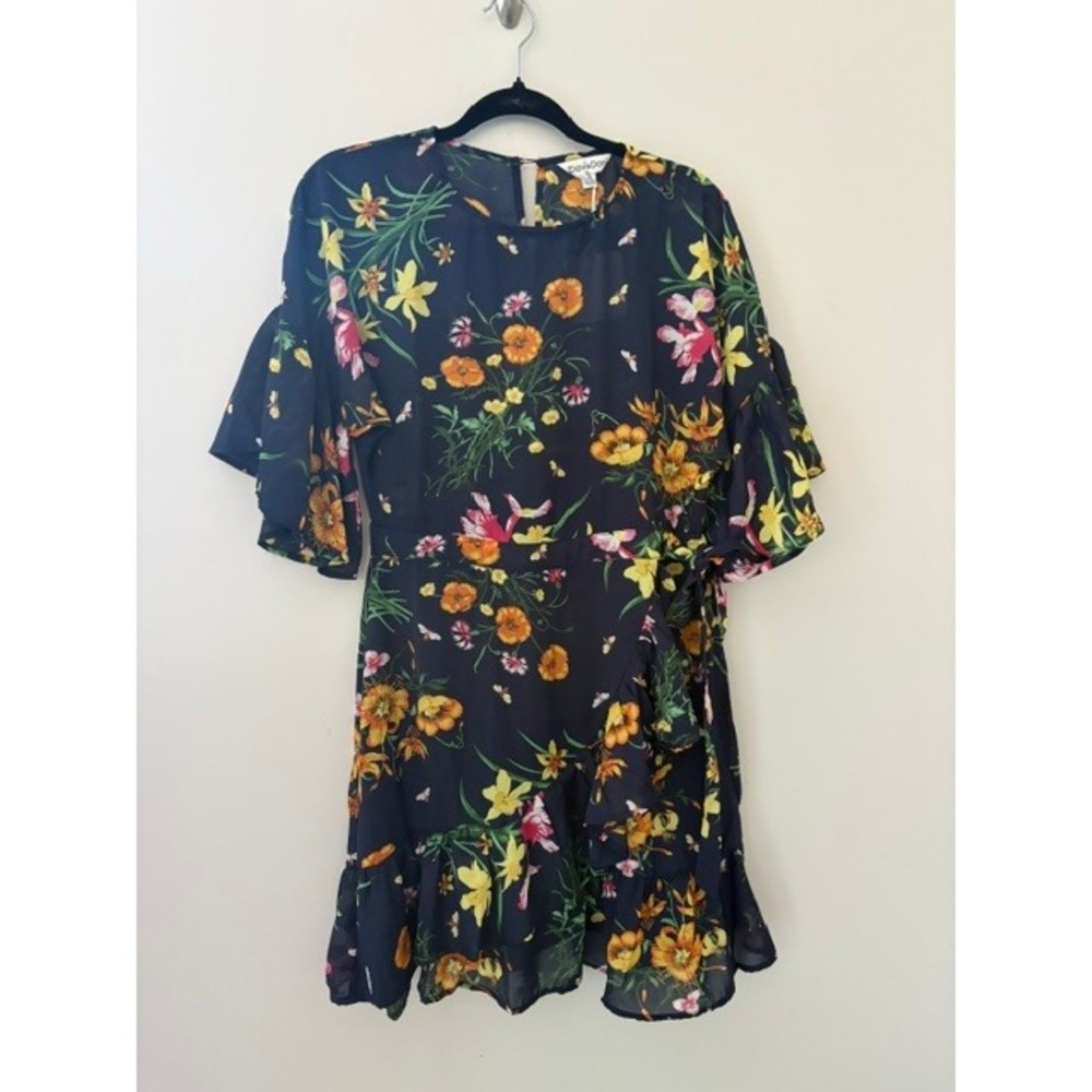 Davi & Dani Navy Floral Flutter Sleeve Ruffle Mini Dress Medium New With Tags
